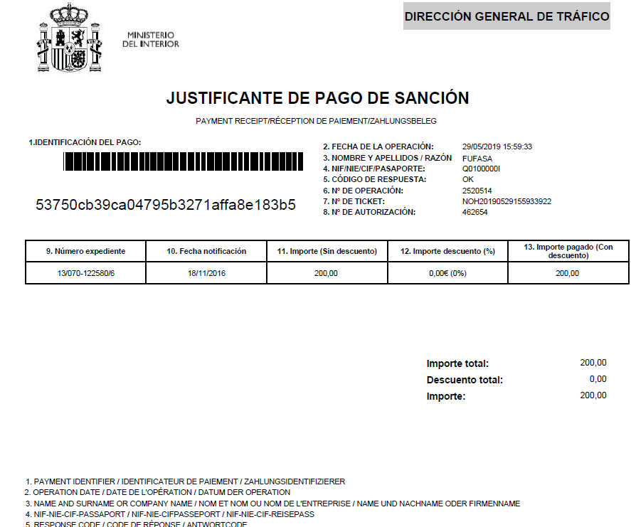 Justificante del pago de sanciones